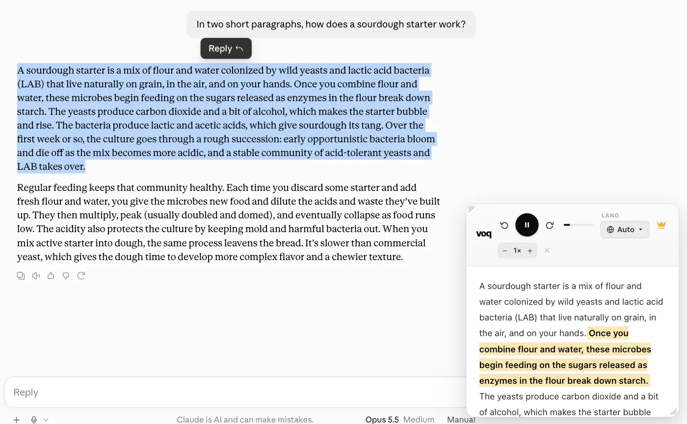 Voq reading text aloud on Claude, with the reading panel highlighting the sentence being spoken