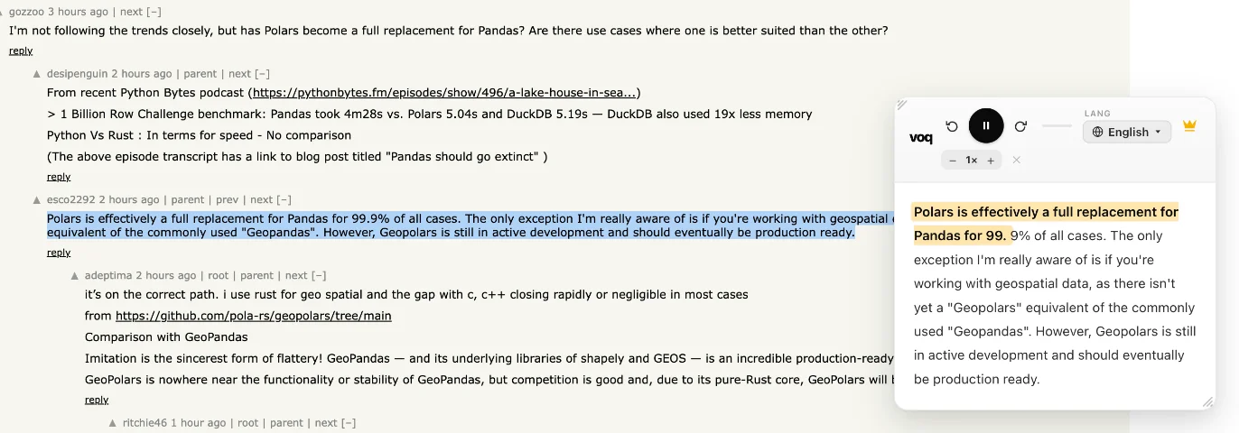 Voq reading text aloud on Hacker News, with the reading panel highlighting the sentence being spoken