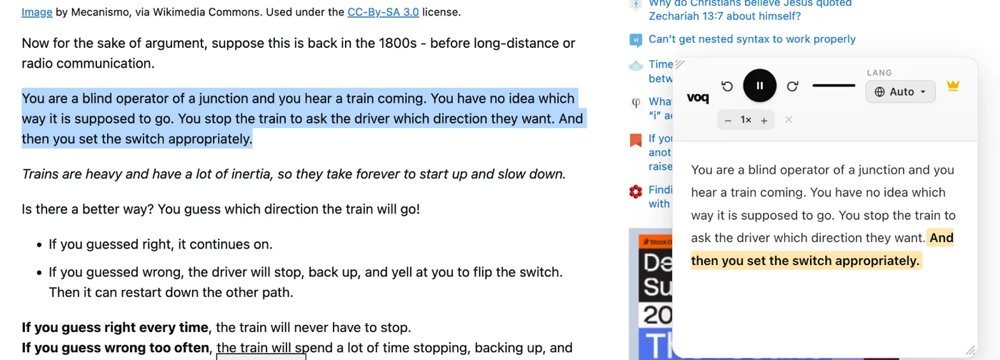 Voq reading text aloud on Stack Overflow, with the reading panel highlighting the sentence being spoken
